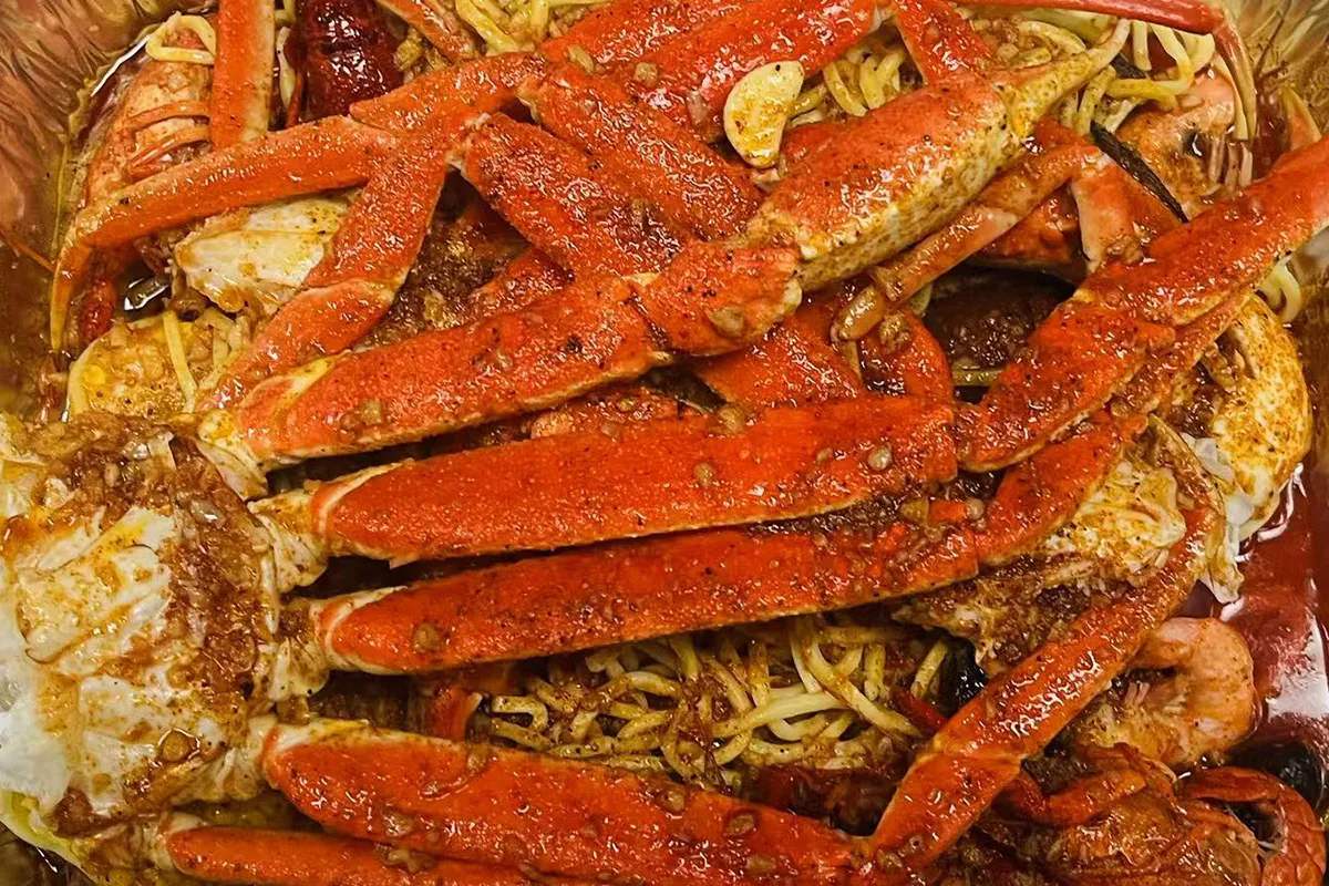 Snow Crab Leg Boil with Noodles at Crabby Village，a Seafood Restaurant in Petersburg